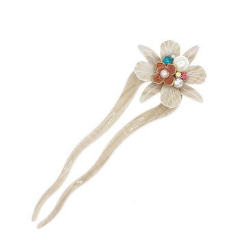 Cellulose Acetate 2-Prong Flower Hair Fork Hair Stick with Rhinestones and Glass Pearls